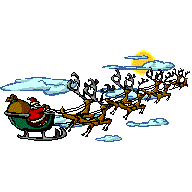 Animated Christmas image of reindeer pulling Santa's sleigh